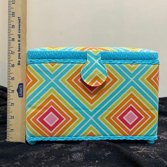 Vintage Fabric Covered Sewing Box Basket Padded with Tray Bright Wicker Handle - Picture 2 of 10